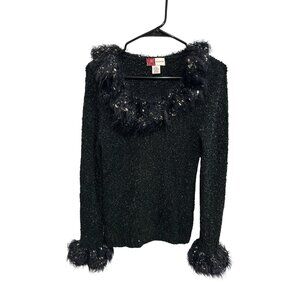 JM Collection Petite Black Sweater Sz P/S Fuzzy Collar Cuffs Cozy Glam Coquette